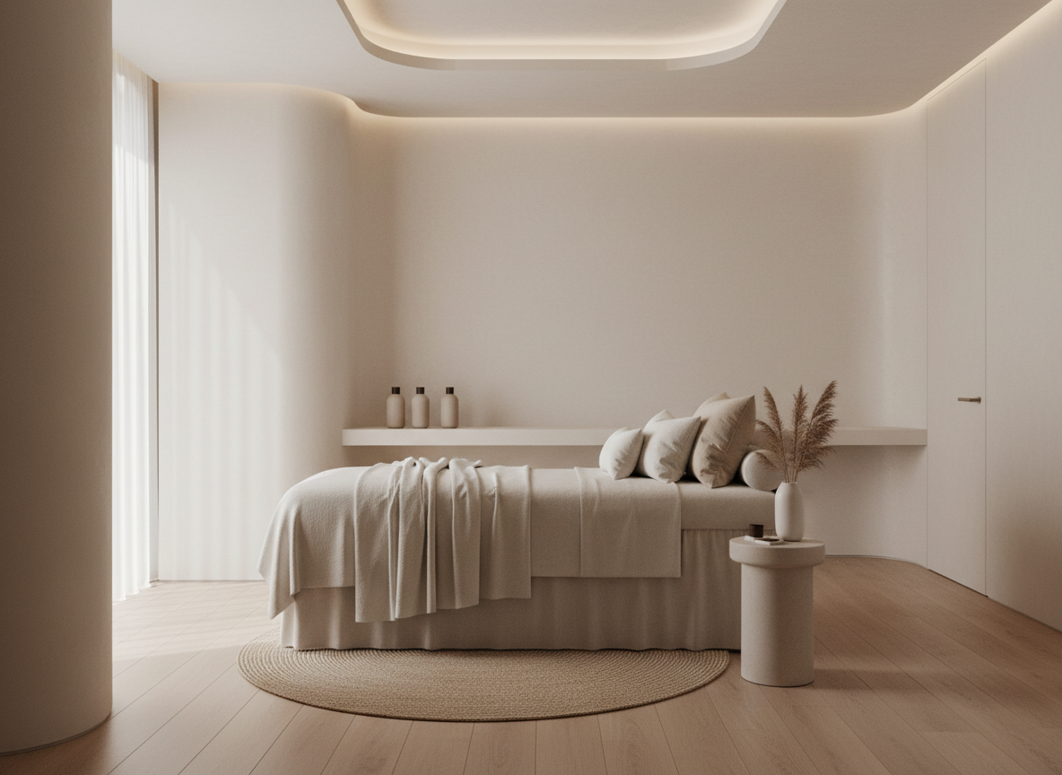 Ultra-minimal luxury esthetic spa interior, bright airy white space with soft natural light, warm beige and cream tones